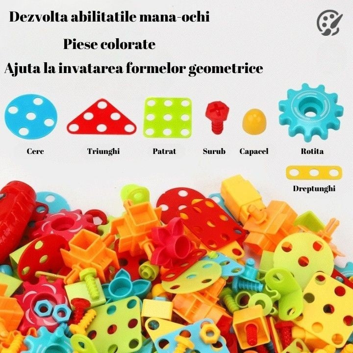 Jucarie Educativa Si Interactiva, Set De Constructie Puzzle Din ABS Cu Bormasina Pentru Dezvoltatea Creativitatii Si A Indemanarii 2D si 3D, Valiza, +3, 31x7x25 cm, 336 Piese