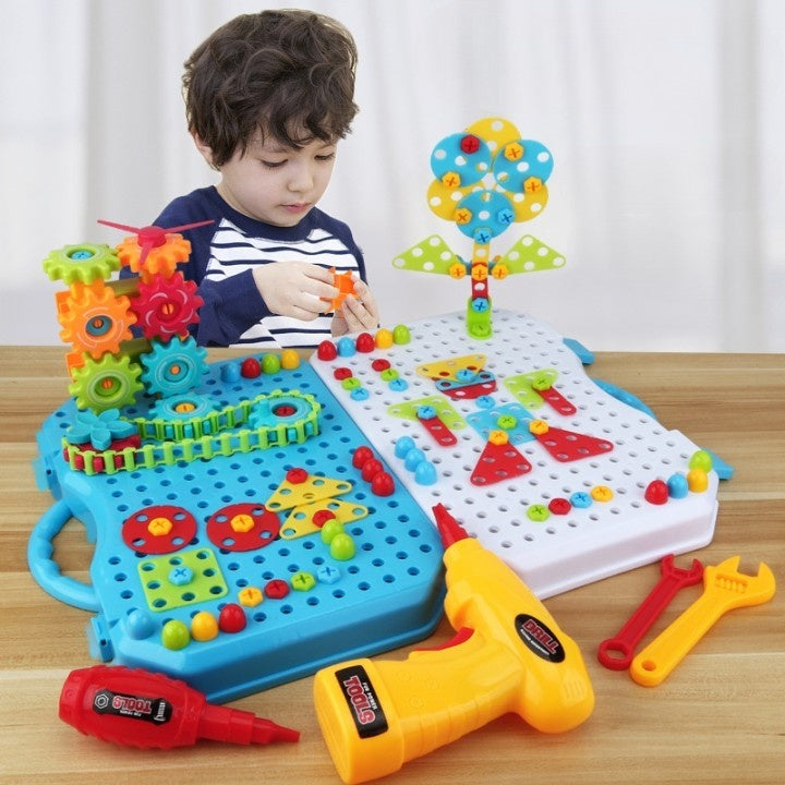 Jucarie Educativa Si Interactiva, Set De Constructie Puzzle Din ABS Cu Bormasina Pentru Dezvoltatea Creativitatii Si A Indemanarii 2D si 3D, Valiza, +3, 31x7x25 cm, 336 Piese