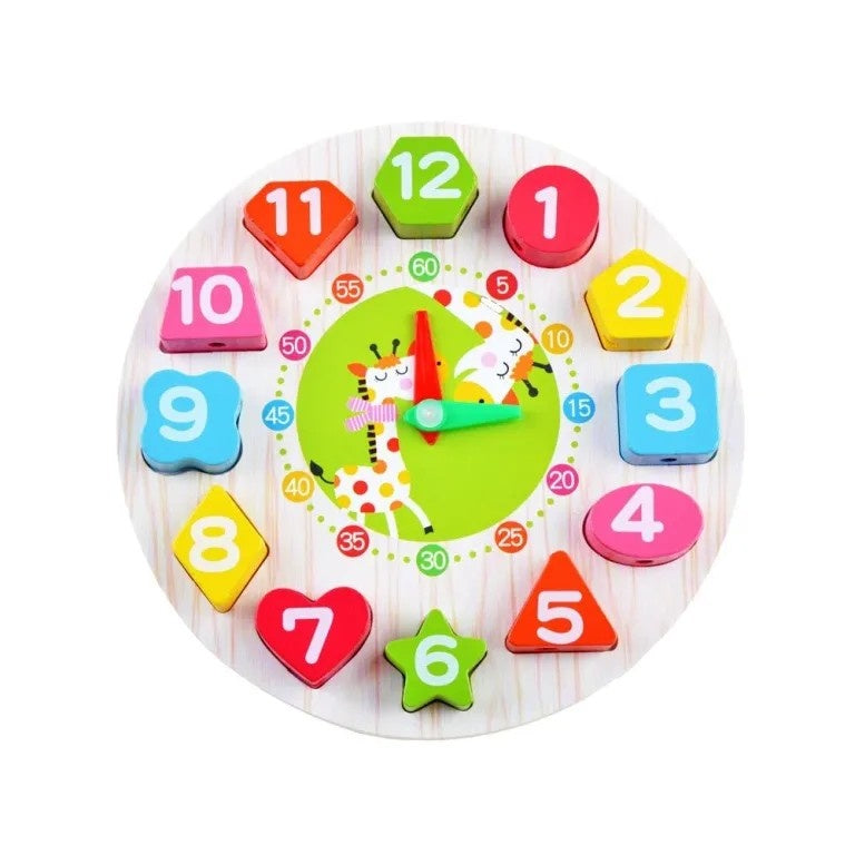 Jucarie Educativa , Tip Montessori, Model Ceas Girafa, din Lemn, + 36 Luni, 12 Piese, 17 cm, Multicolor