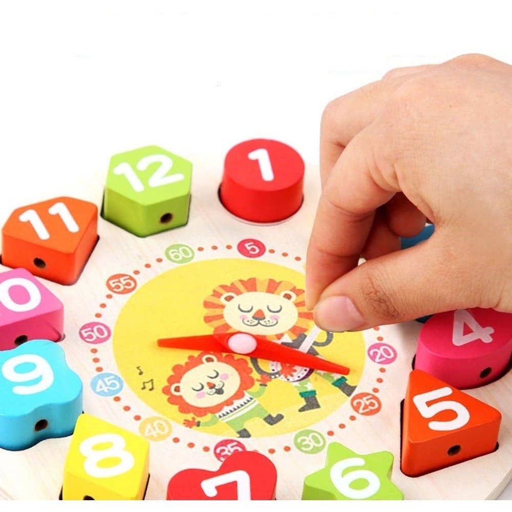 Jucarie Educativa , Tip Montessori, Model Ceas Leu, din Lemn, + 36 Luni, 12 Piese, 17 cm, Multicolor