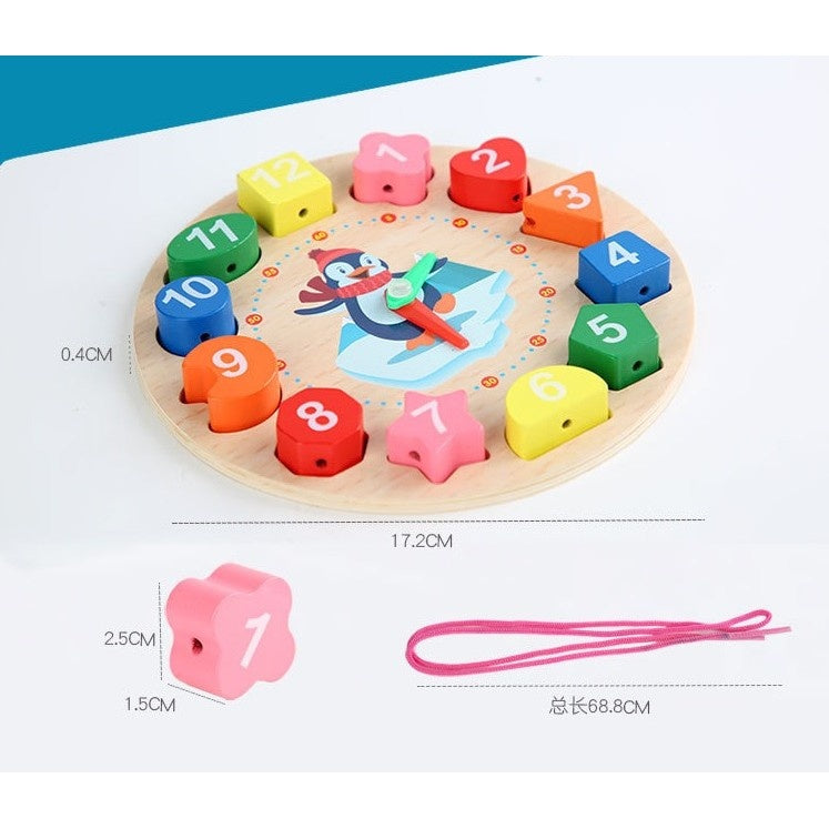 Jucarie Educativa , Tip Montessori, Model Ceas Pinguin, din Lemn, + 36 Luni, 12 Piese, 17.2 cm, Multicolor