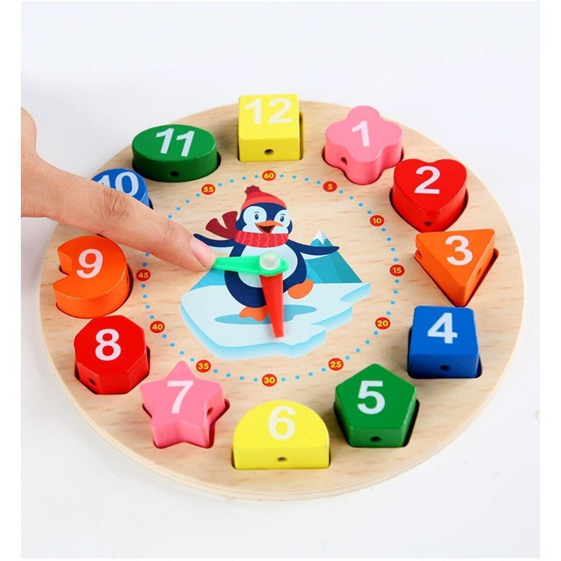 Jucarie Educativa , Tip Montessori, Model Ceas Pinguin, din Lemn, + 36 Luni, 12 Piese, 17.2 cm, Multicolor
