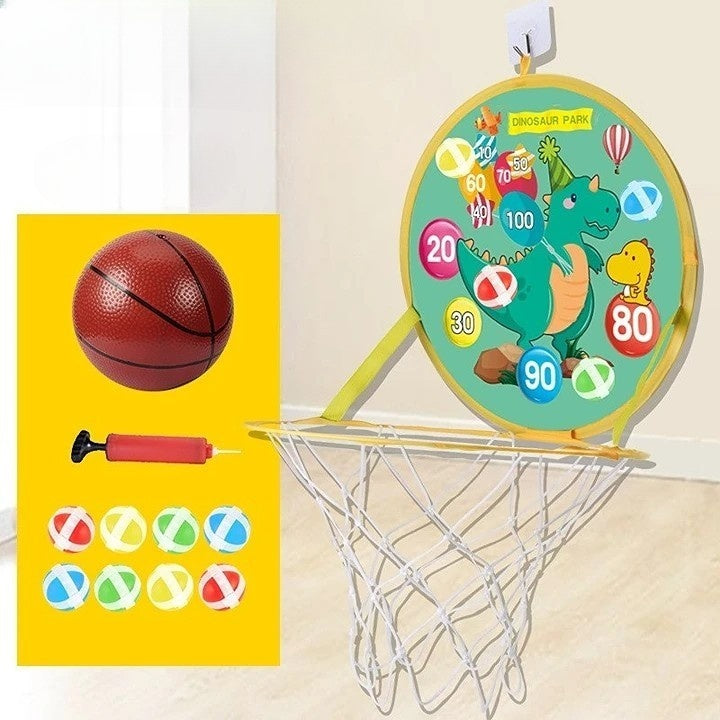 Jucarie Interactiva, 2 in 1, Cos de Basket si Tinta de Darts, Minge 16 cm, Pompa, 8 Mingii cu Scai, Model Dragon, Multicolor