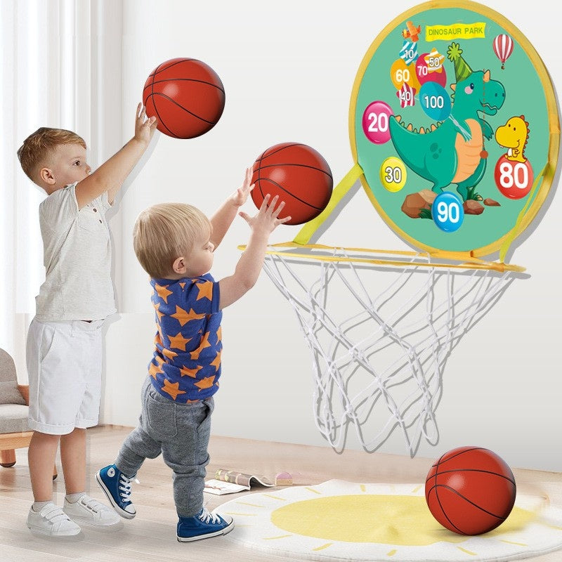 Jucarie Interactiva, 2 in 1, Cos de Basket si Tinta de Darts, Minge 16 cm, Pompa, 8 Mingii cu Scai, Model Dragon, Multicolor