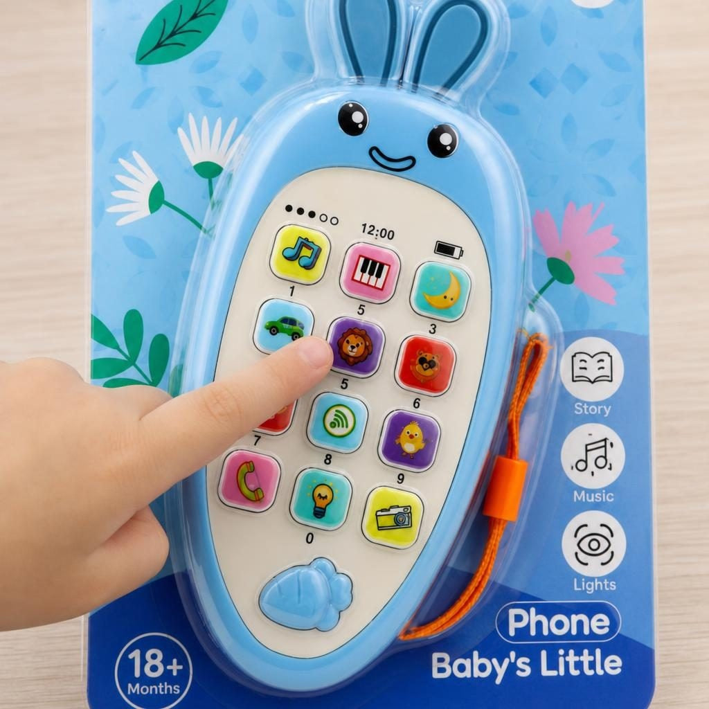 Jucarie Interactiva, Telefon Inteligent, Model Morcov, Functii Educative, Muzicale si Voce, 4-6 ani, 19 x 11.5 cm, din Plastic, Albastru