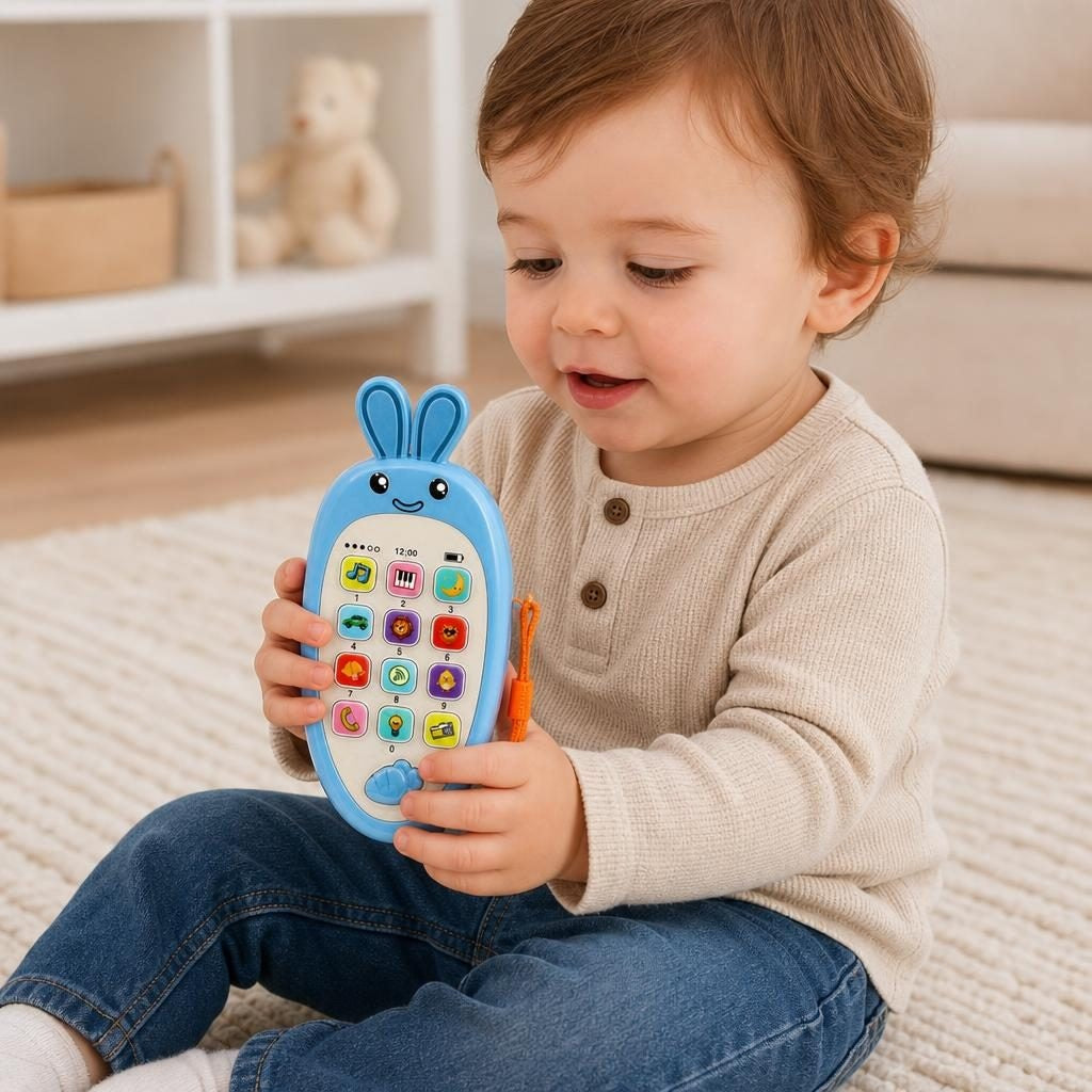 Jucarie Interactiva, Telefon Inteligent, Model Morcov, Functii Educative, Muzicale si Voce, 4-6 ani, 19 x 11.5 cm, din Plastic, Albastru