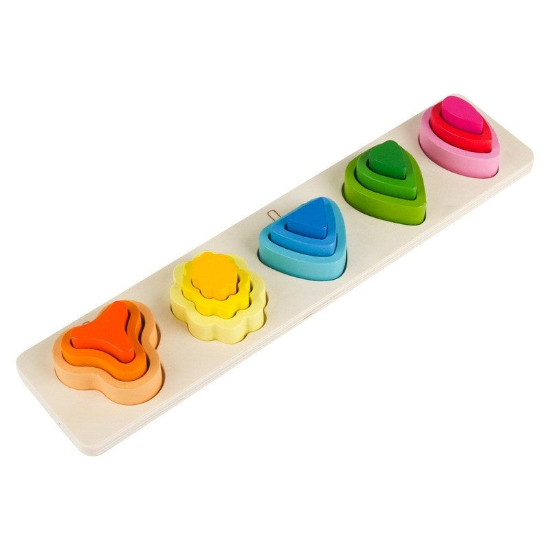 Jucarie Montessori din Lemn, Tip Puzzle, cu 5 Forme Asimetrice, 15 Piese, Model Copaci, Materiale Non Toxice, +2 Ani, 29x6.5 cm, Multicolor