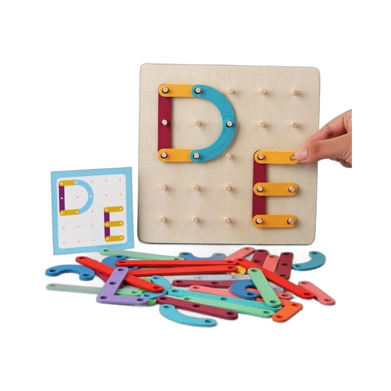 Jucarie Montessori Pegboard, din Lemn, Tip Puzzle, Forme, Litere, Educativ, 17.8 x 17.8 x 1.5 cm, Multicolor