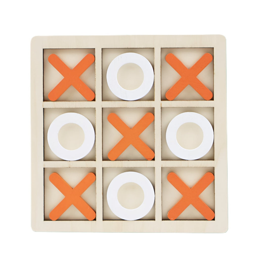 Jucarie Montessori Tic Tac Toe, Educativa, Interactiva, din lemn, X si O, 9 Piese, 14.3x14.3 cm, Portocaliu Alb