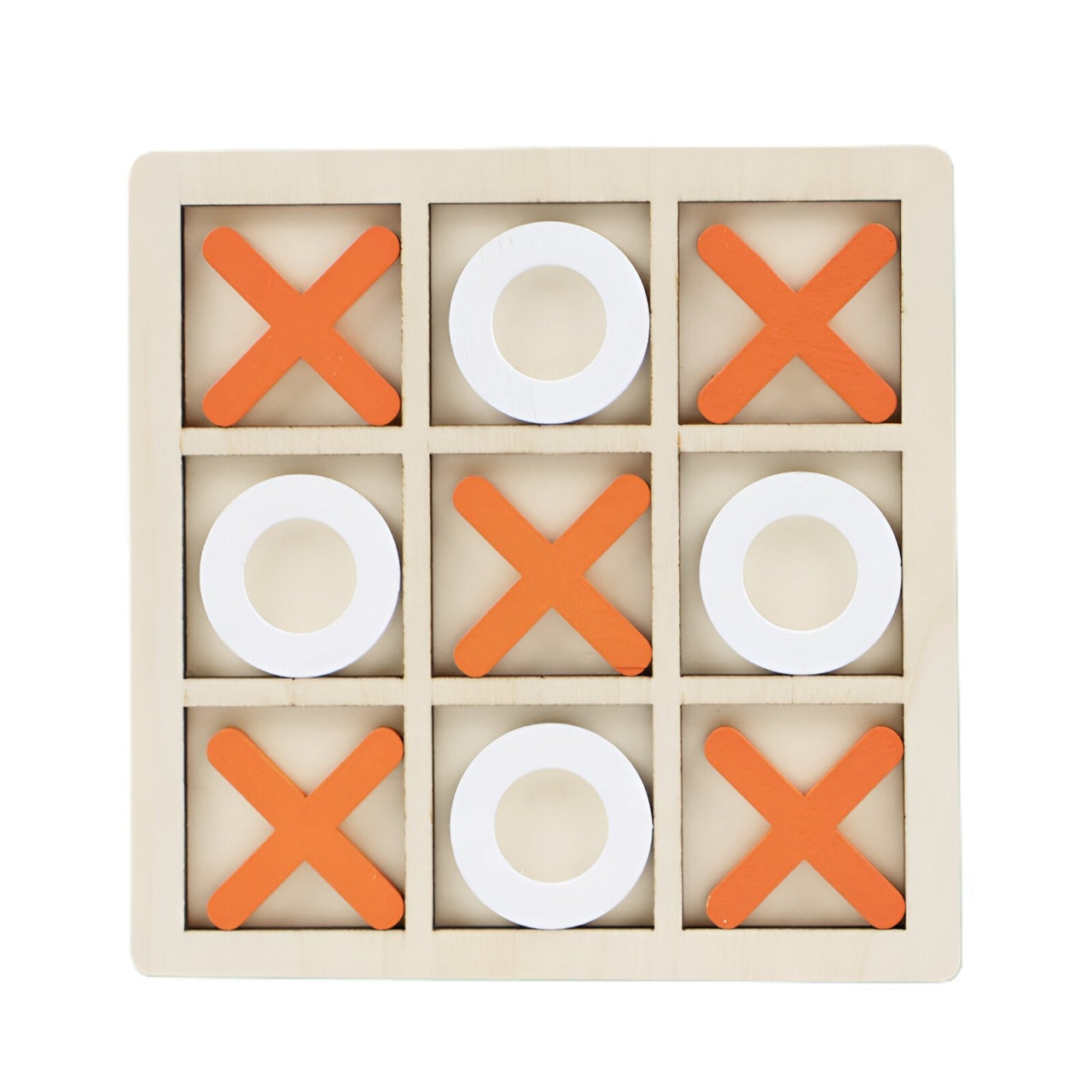 Jucarie Montessori Tic Tac Toe, Educativa, Interactiva, din lemn, X si O, 9 Piese, 14.3x14.3 cm, Portocaliu Alb