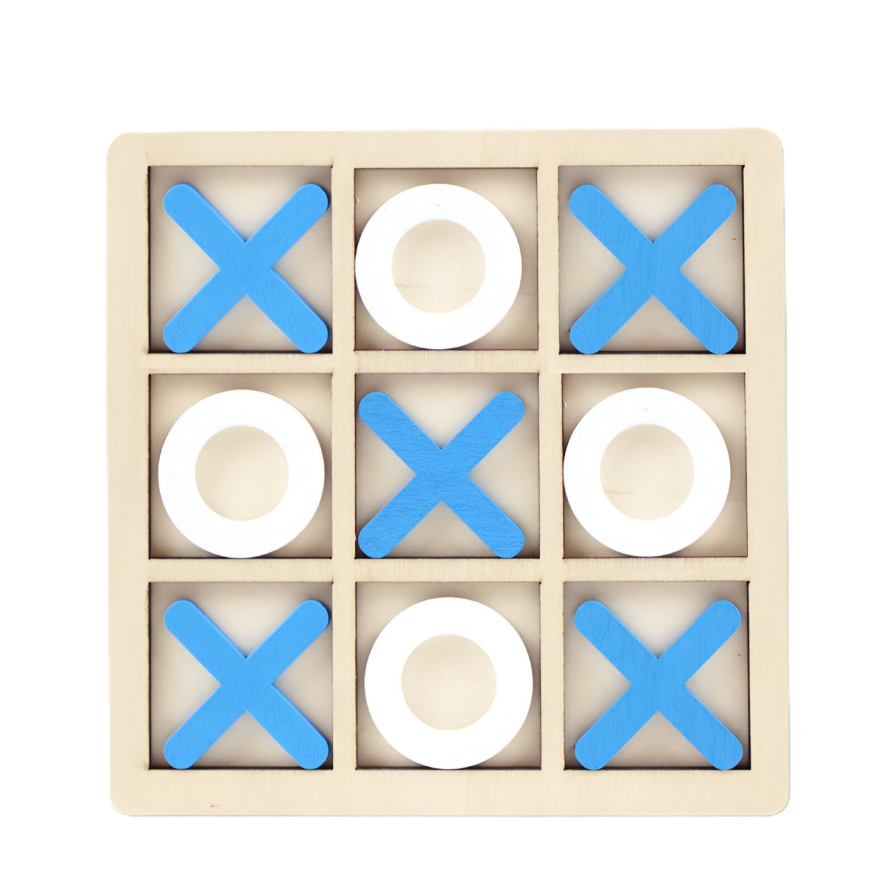 Jucarie Montessori Tic Tac Toe, Educativa, Interactiva, din lemn, X si O, 9 Piese, 14.3x14.3 cm, Albastru Alb