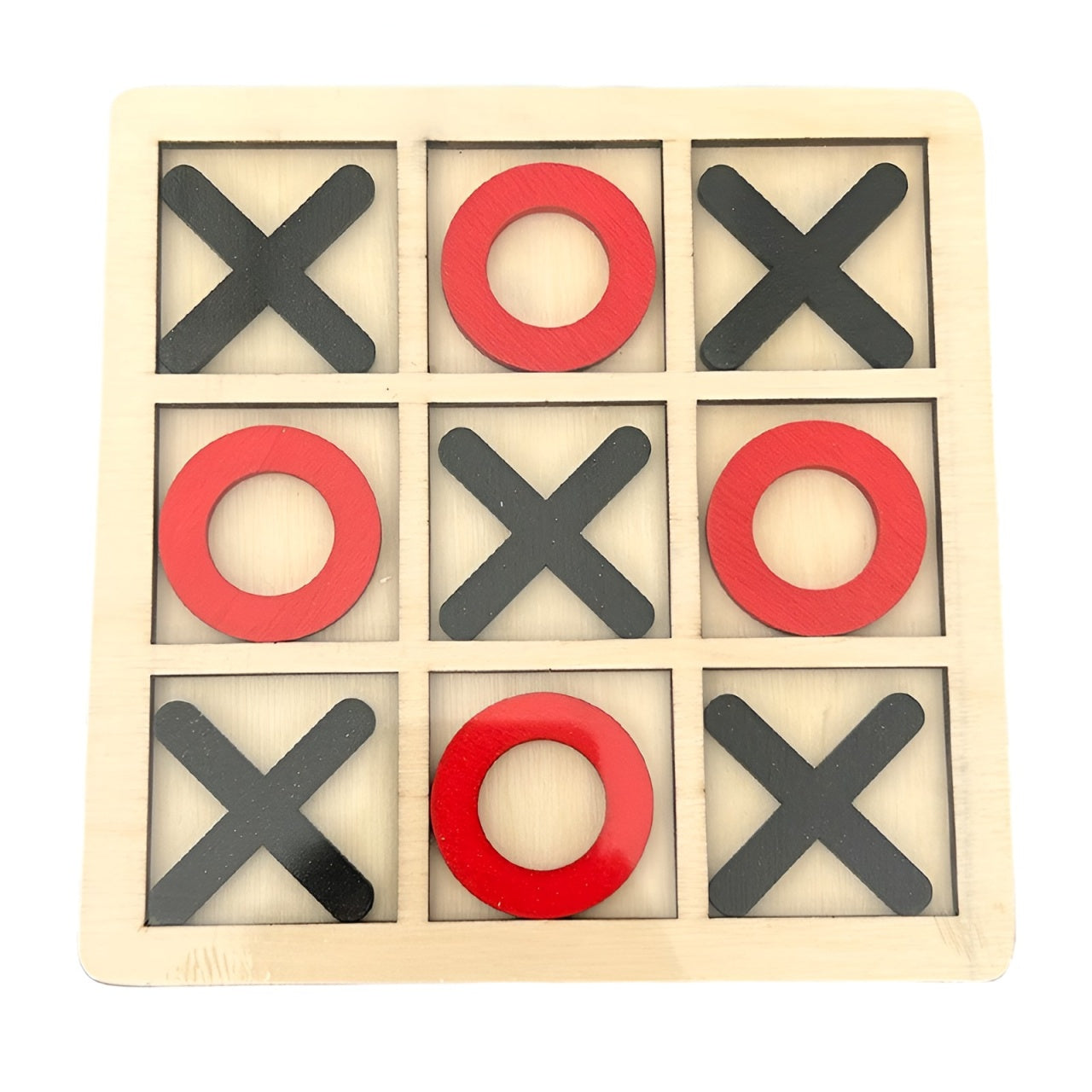 Jucarie Montessori Tic Tac Toe, Educativa, Interactiva, din lemn, X si O, 9 Piese, 14.3x14.3 cm, Negru Rosu