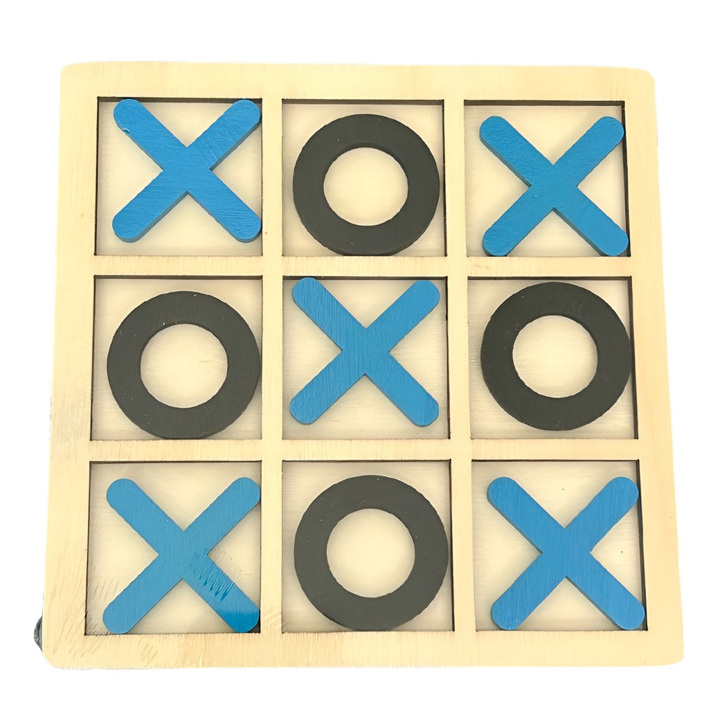 Jucarie Montessori Tic Tac Toe, Educativa, Interactiva, din lemn, X si O, 9 Piese, 14.3x14.3 cm, Albastru Negru