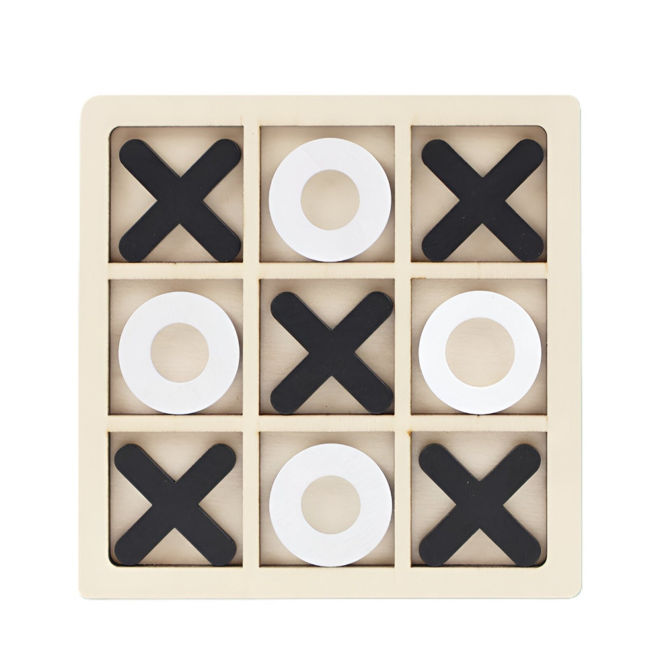 Jucarie Montessori Tic Tac Toe, Educativa, Interactiva, din lemn, X si O, 9 Piese, 14.3x14.3 cm, Negru Alb