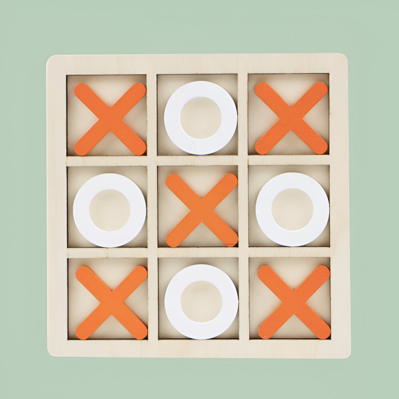 Jucarie Montessori Tic Tac Toe, Educativa, Interactiva, din lemn, X si O, 9 Piese, 14.3x14.3 cm, Portocaliu Alb