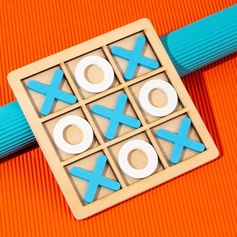 Jucarie Montessori Tic Tac Toe, Educativa, Interactiva, din lemn, X si O, 9 Piese, 14.3x14.3 cm, Albastru Alb