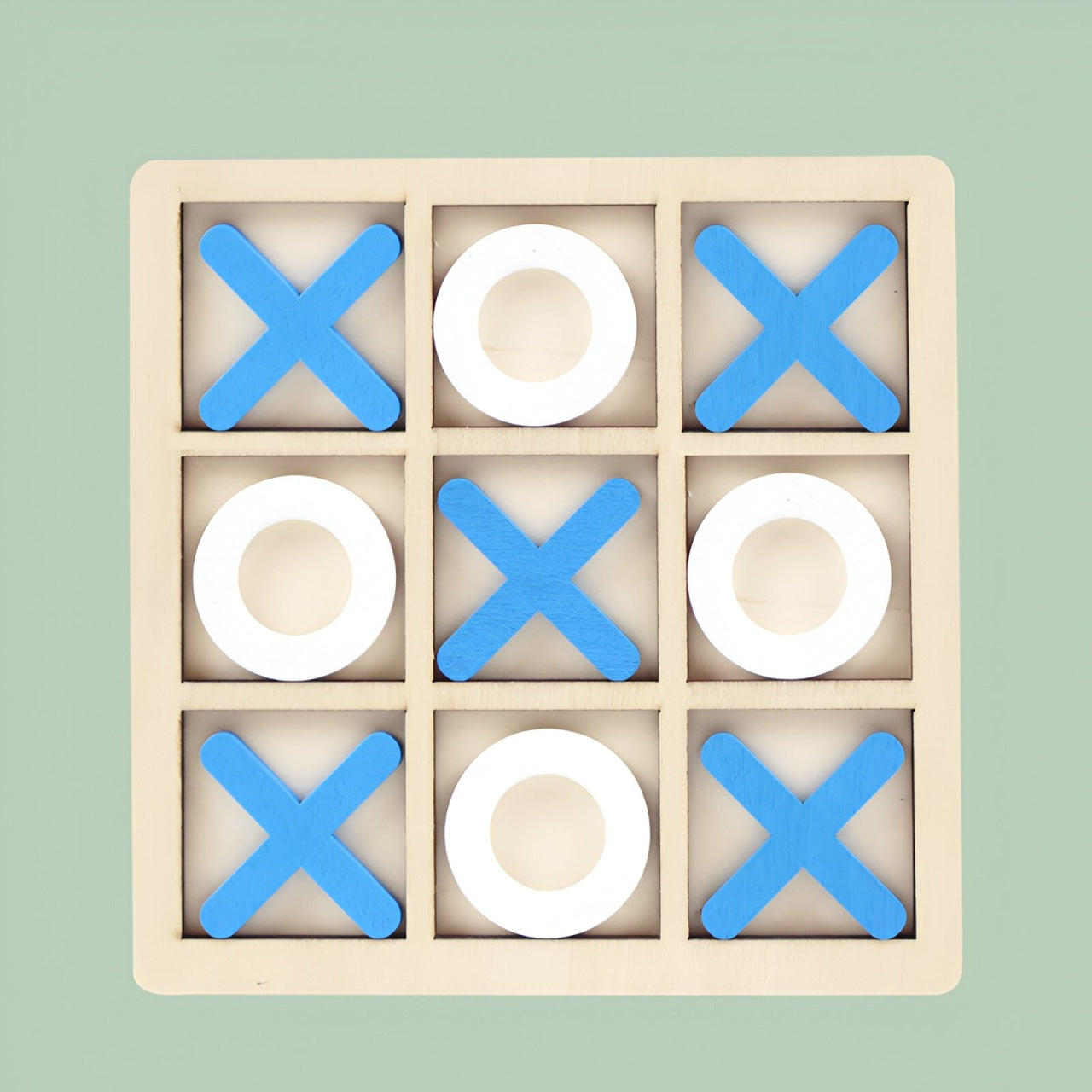 Jucarie Montessori Tic Tac Toe, Educativa, Interactiva, din lemn, X si O, 9 Piese, 14.3x14.3 cm, Albastru Alb