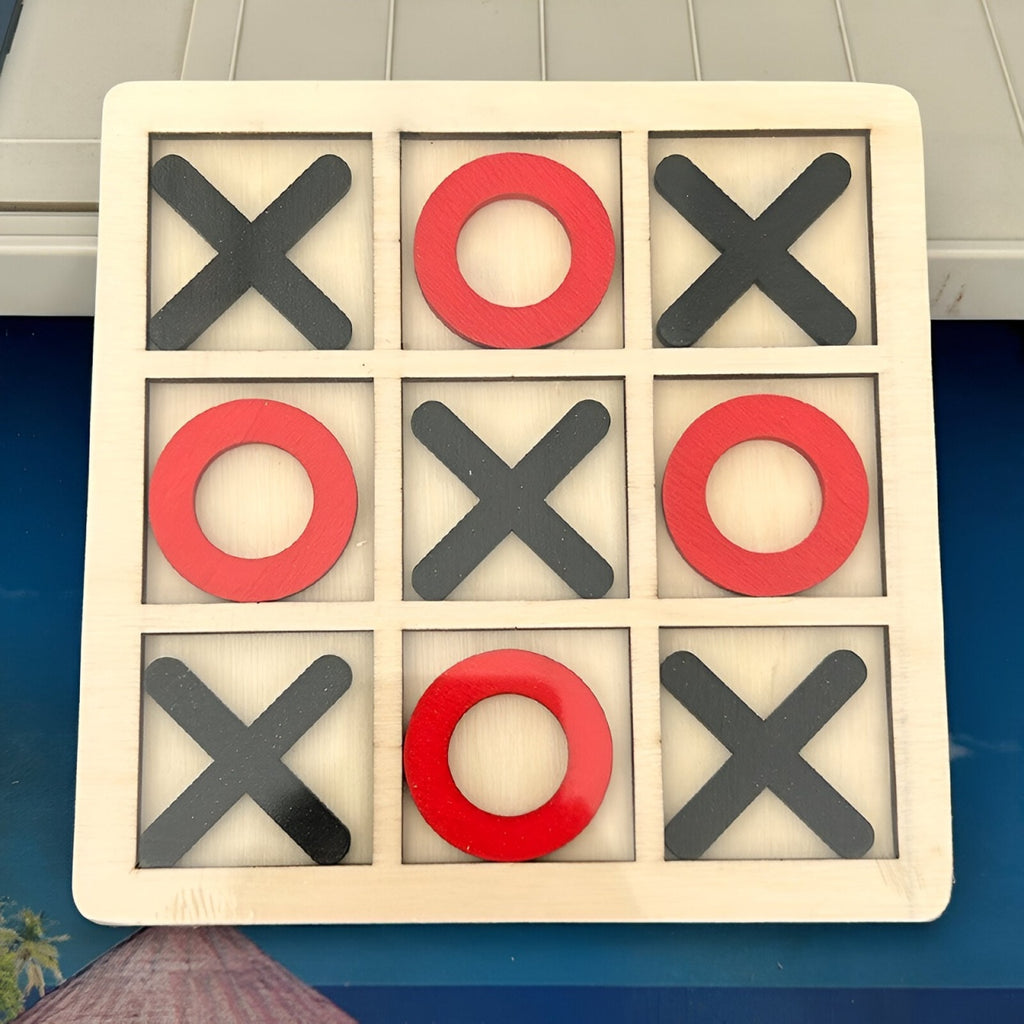 Jucarie Montessori Tic Tac Toe, Educativa, Interactiva, din lemn, X si O, 9 Piese, 14.3x14.3 cm, Negru Rosu