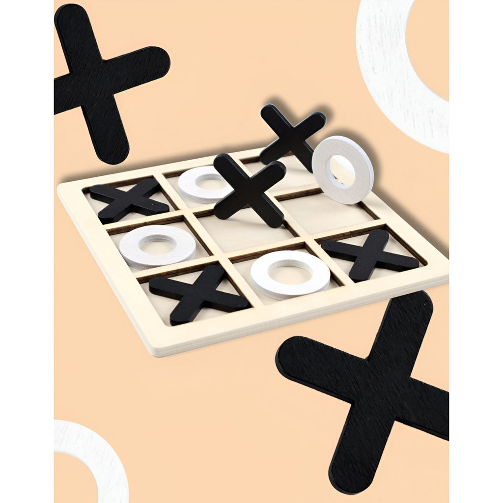 Jucarie Montessori Tic Tac Toe, Educativa, Interactiva, din lemn, X si O, 9 Piese, 14.3x14.3 cm, Negru Alb