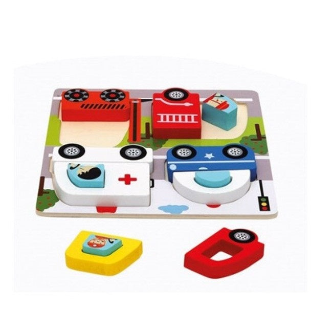 Jucarie Montessori, Tip Puzzle 3D, din Lemn, +36 Luni, Model Masini, 18 x 18 x 1.5 cm, Multicolor