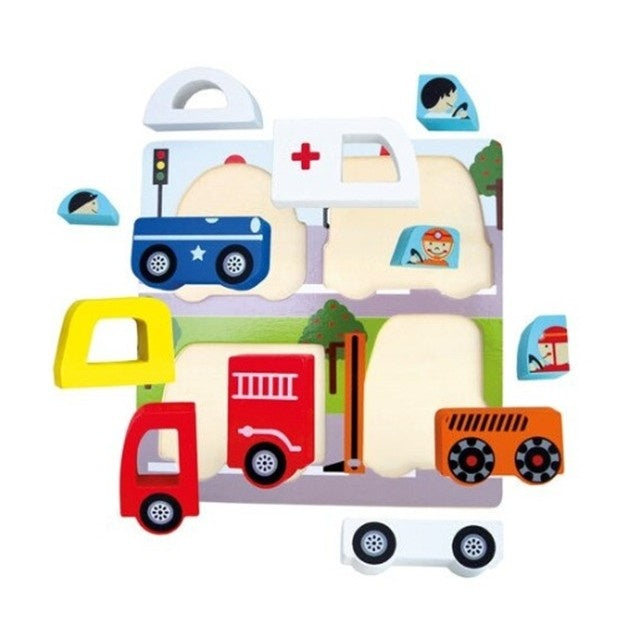 Jucarie Montessori, Tip Puzzle 3D, din Lemn, +36 Luni, Model Masini, 18 x 18 x 1.5 cm, Multicolor
