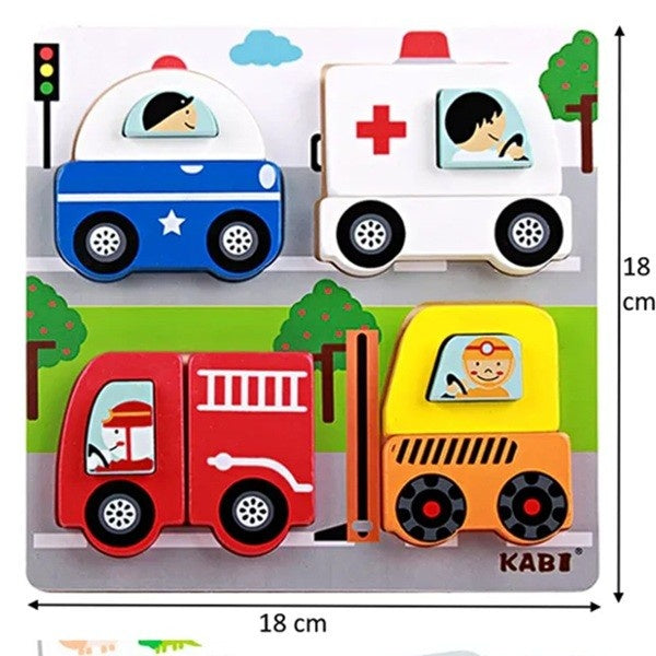 Jucarie Montessori, Tip Puzzle 3D, din Lemn, +36 Luni, Model Masini, 18 x 18 x 1.5 cm, Multicolor