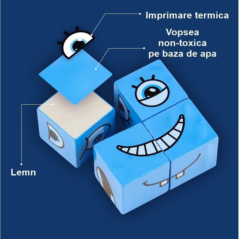 Jucarie Pentru Copii Montessori , Cub din Lemn, 64 de Carti Distractive,+3 ani, multicolor