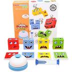 Jucarie Pentru Copii Montessori Cub din Lemn, 64 de Carti Distractive, Clepsidra si Clopotel inclus,+3 ani, multicolor