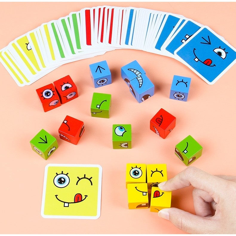 Jucarie pentru copii montessori cub din lemn, asamblare fete, 64 de carti distractive, +3 ani, educativ, multicolor