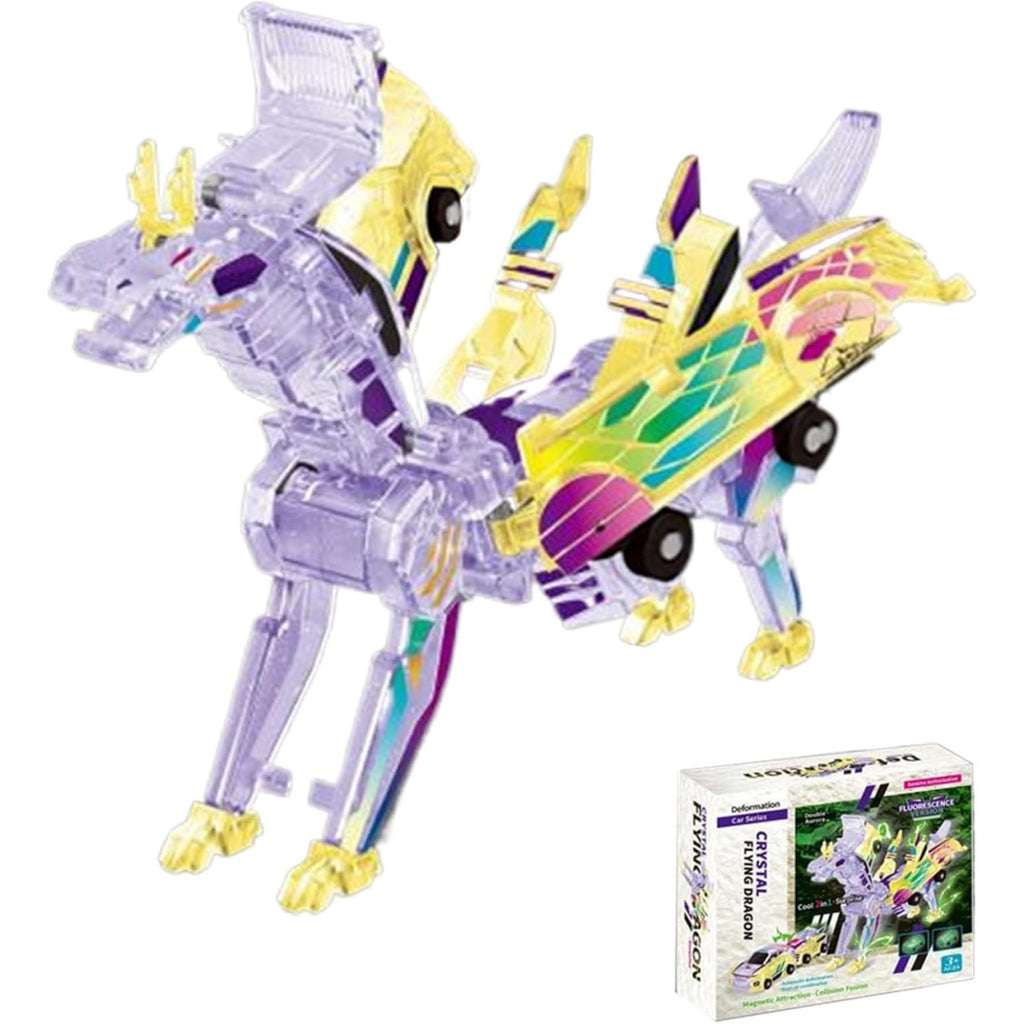 Jucarie Transformabila 2in1, Crystal Wing Flying Dragon, Masina/Dragon, Atractie Magnetica, Fluorescent, +3 Ani, din ABS, Multicolor