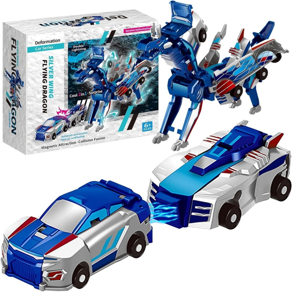 Jucarie Transformabila 2in1, Silver Wing Flying Dragon, Masina/Dragon, Atractie Magnetica, +6 Ani, din ABS, Albastru