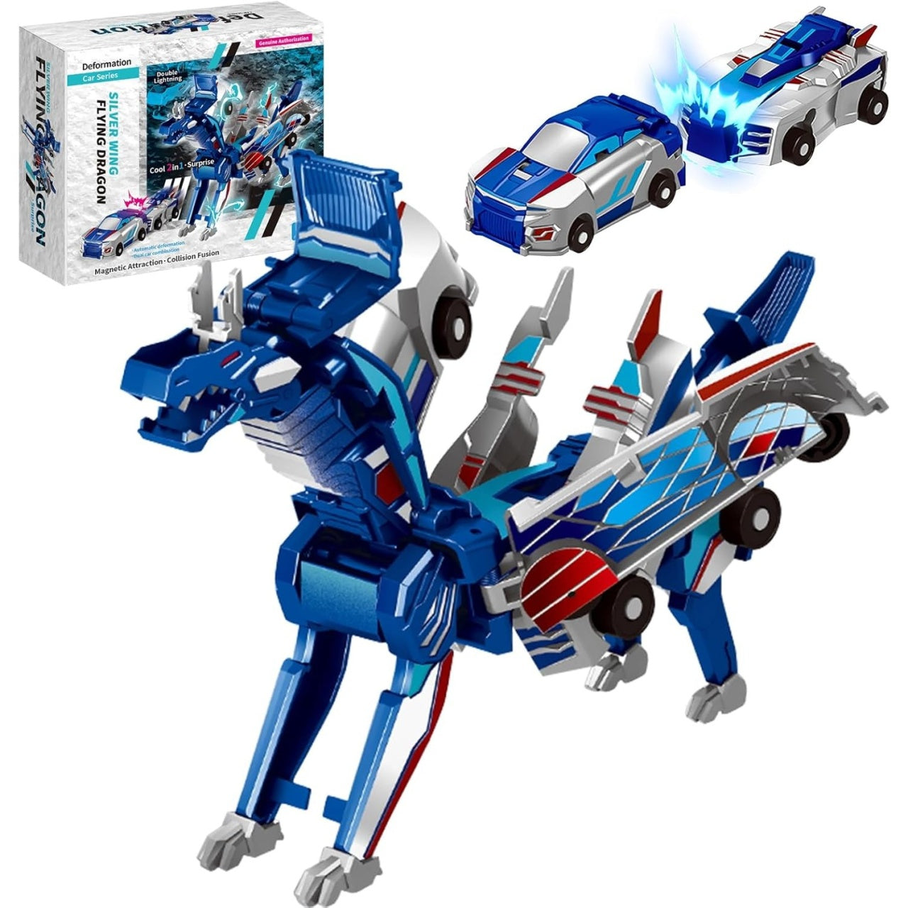 Jucarie Transformabila 2in1, Silver Wing Flying Dragon, Masina/Dragon, Atractie Magnetica, +6 Ani, din ABS, Albastru
