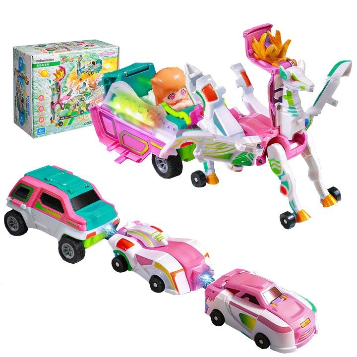 Jucarie Transformer Magnetica 3 in 1, 3 Masini Care se Transforma in Pegas Inaripat, Atractie Magnetica, 3+ Ani, din ABS, Roz