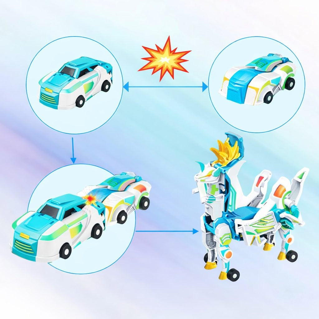 Jucarie Transformer Magnetica 3 in 1, 3 Masini Care se Transforma in Pegas Inaripat, Atractie Magnetica, 3+ Ani, din ABS, Albastru