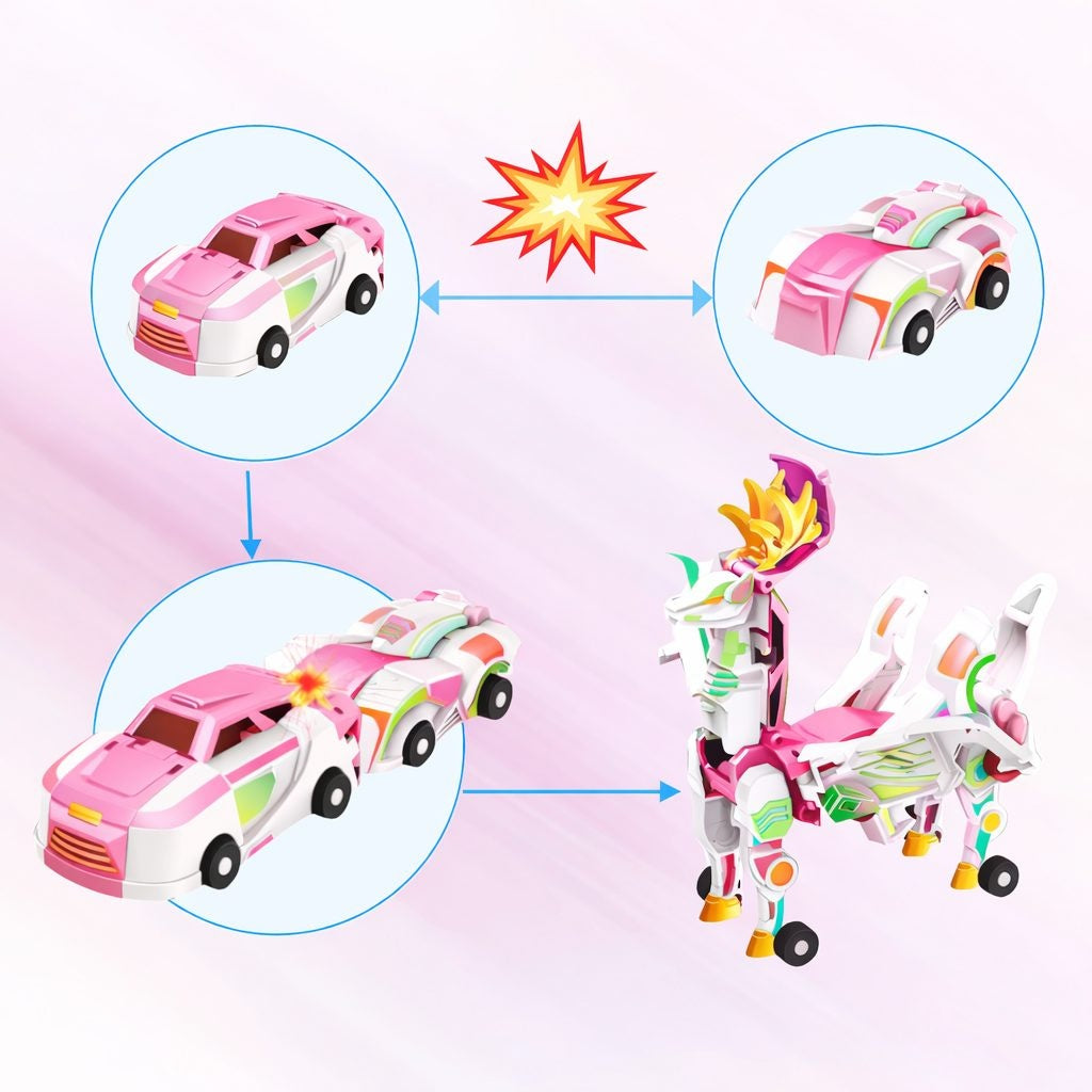 Jucarie Transformer Magnetica 3 in 1, 3 Masini Care se Transforma in Pegas Inaripat, Atractie Magnetica, 3+ Ani, din ABS, Roz