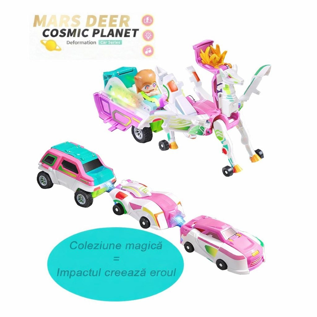 Jucarie Transformer Magnetica 3 in 1, 3 Masini Care se Transforma in Pegas Inaripat, Atractie Magnetica, 3+ Ani, din ABS, Roz
