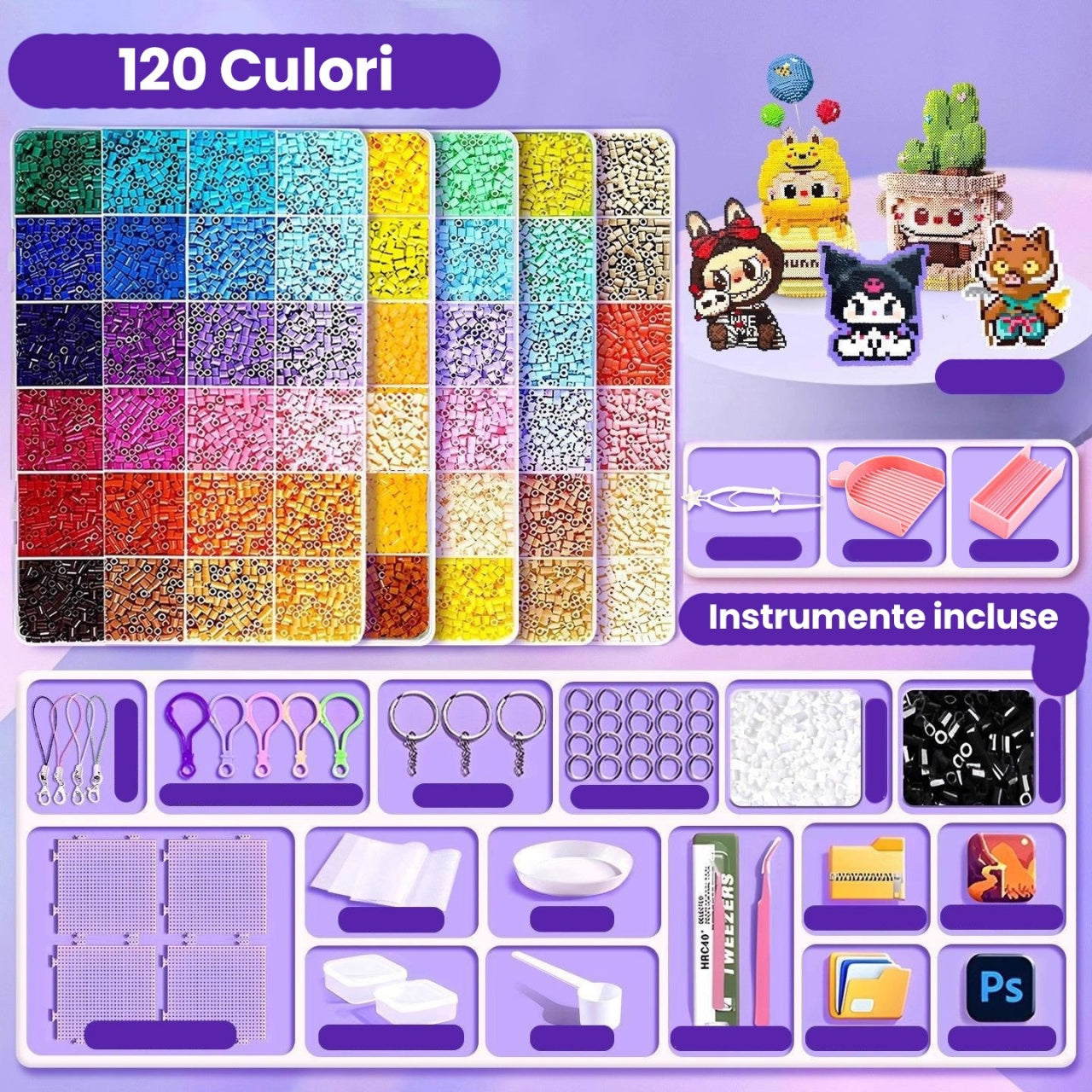 Kit de Margele Perle, Set DIY 3D din 120 de Culori, 10000 de piese, Instrumente pentru Margele Incluse, 2.6 mm in cutie, Multicolor
