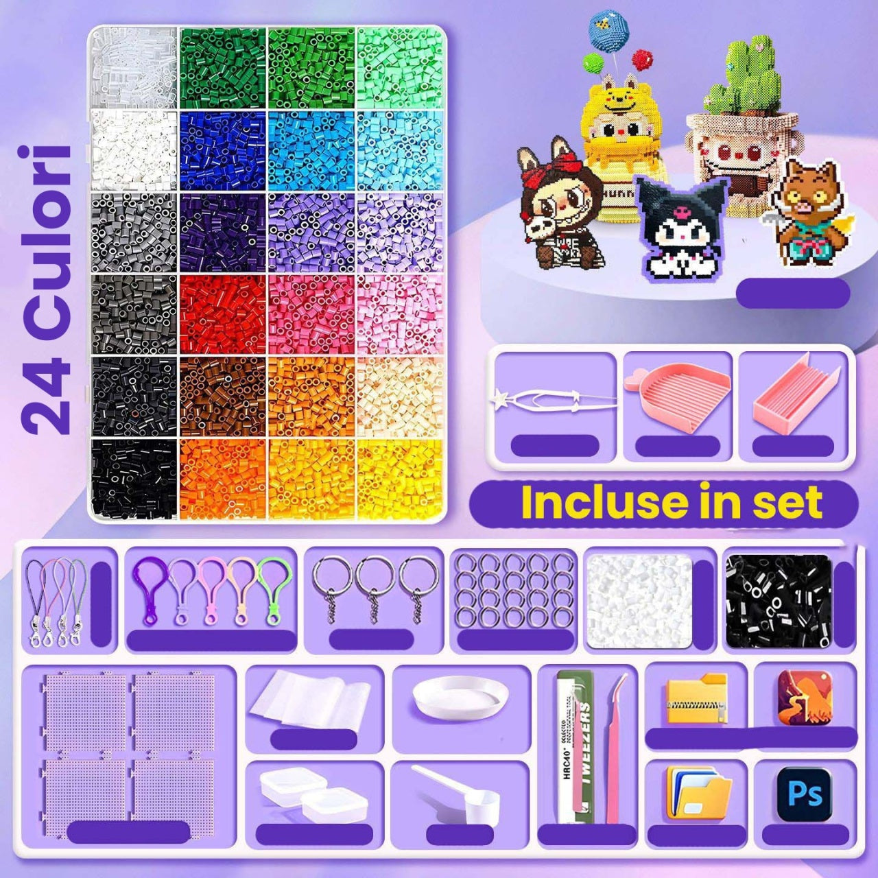 Kit de Margele Perle, Set DIY 3D din 24 de Culori, 2000 de piese, Instrumente pentru Margele Incluse, 2.6 mm in cutie, Multicolor