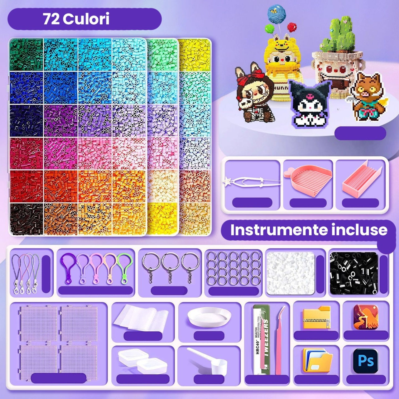 Kit de Margele Perle, Set DIY 3D din 72 de Culori, 6000 de piese, Instrumente pentru Margele Incluse, 2.6 mm in cutie, Multicolor