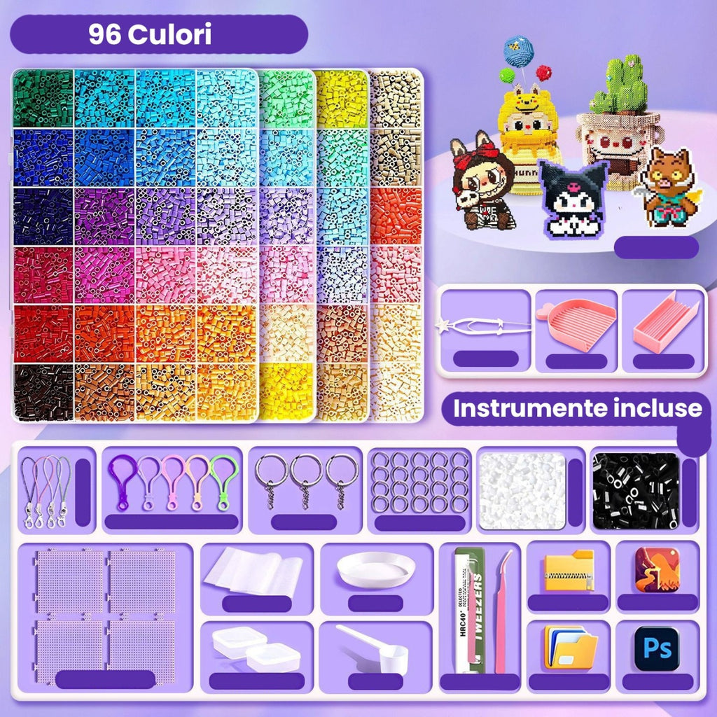 Kit de Margele Perle, Set DIY 3D din 96 de Culori, 8000 de piese, Instrumente pentru Margele Incluse, 2.6 mm in cutie, Multicolor