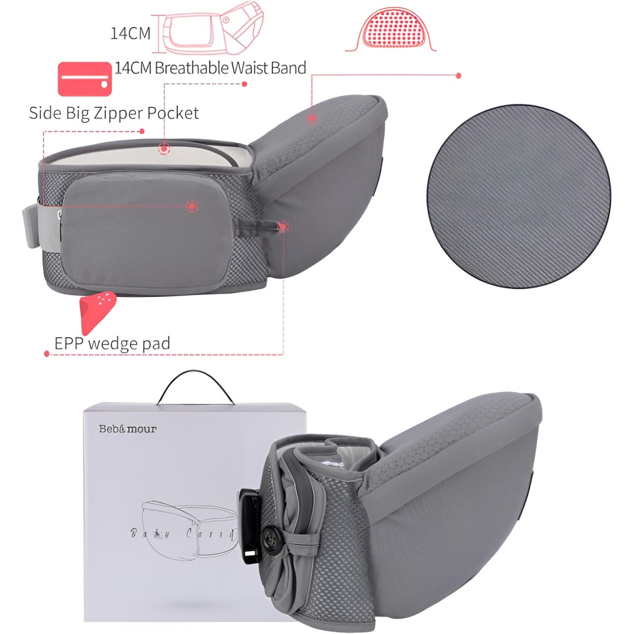 Marsupiu Ergonomic 3in1, pentru Bebelusi si Copii, 0-36 Luni, Bretele Reglabile pentru Umar si Sold, Inchidere Catarama, 125x25x14 cm, Gri
