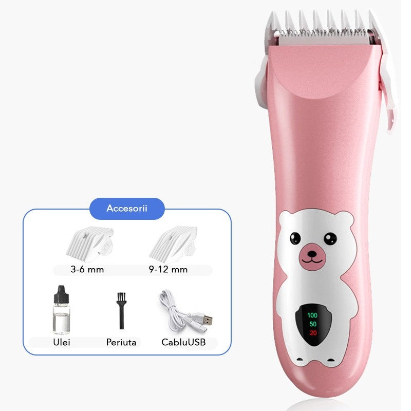 Masina De Tuns Bebelusi si Copii, Display Digital, Lame Cermice si Inox, Fara Fir, Functie Anti Taiere, Silentios, 50 W, Rezistent la Apa, 2 Accesorii, Incarcator USB, Model Ursulet, Roz