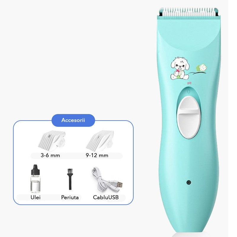 Masina De Tuns Bebelusi si Copii, Lame Cermice si Inox, Fara Fir, Functie Anti Taiere, Silentios, 50 W, Rezistent la Apa, 2 Accesorii, Incarcator USB, Model Ursulet, Albastru deschis