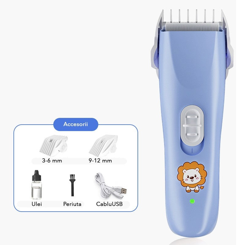 Masina De Tuns Bebelusi si Copii, Lame Cermice si Inox, Fara Fir, Functie Anti Taiere, Silentios, 50 W, Rezistent la Apa, 2 Accesorii, Incarcator USB, Model Leu, Albastru