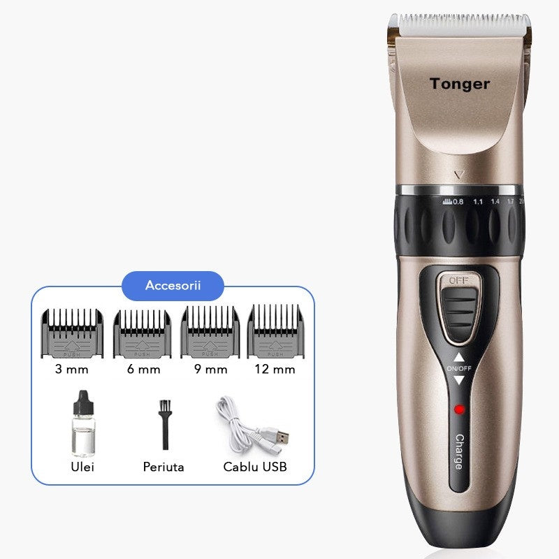 Masina De Tuns Bebelusi si Copii, Lame Cermice si Inox, Fara Fir, Functie Anti Taiere, Silentios, 50 W, 4 Accesorii, Incarcator USB, Gold Negru