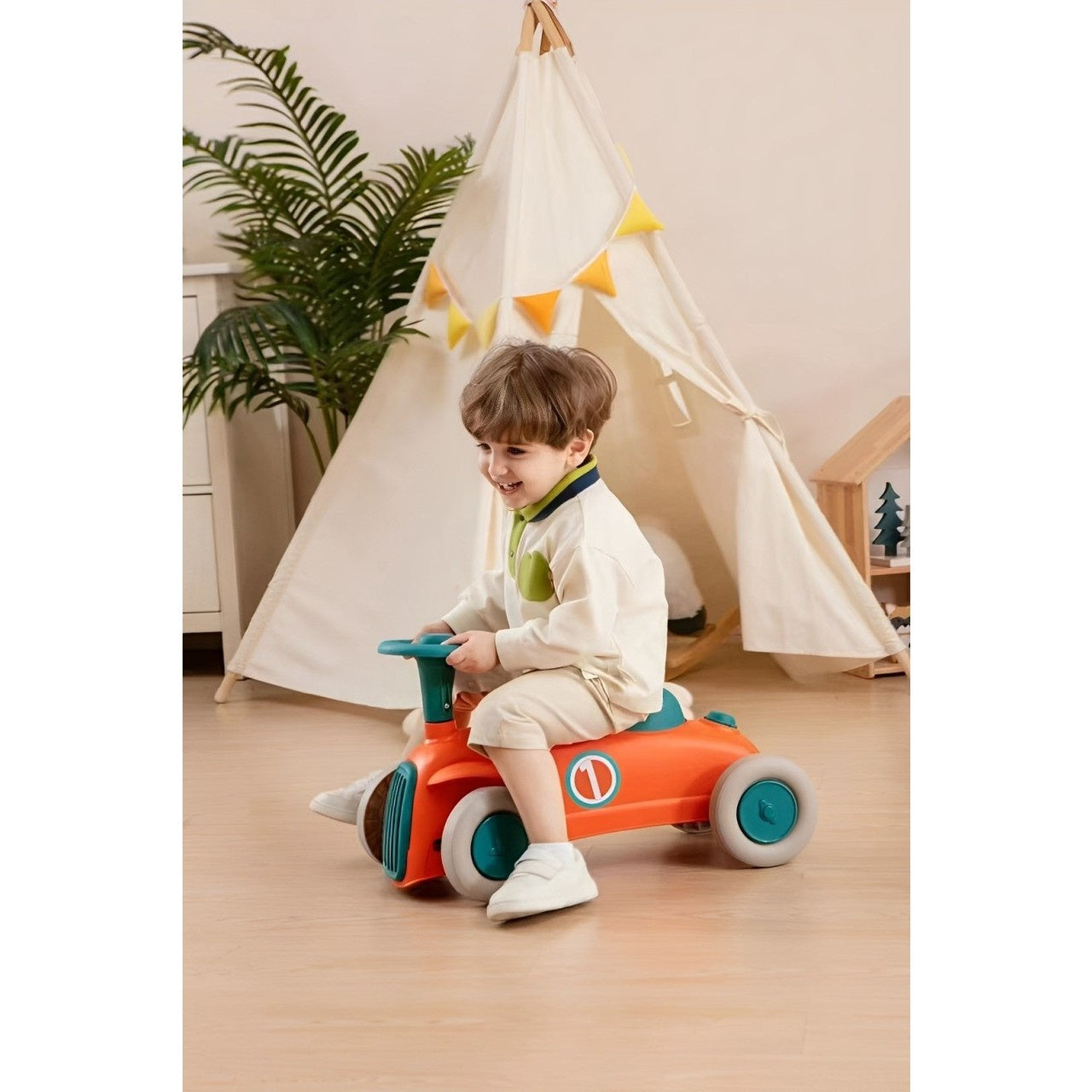 Masinuta Ride-On cu Sistem Anti-Rasturnare, Claxon pe Volan, 1-6 Ani, 60 x 28 x 34 cm, Rosu-Albastru