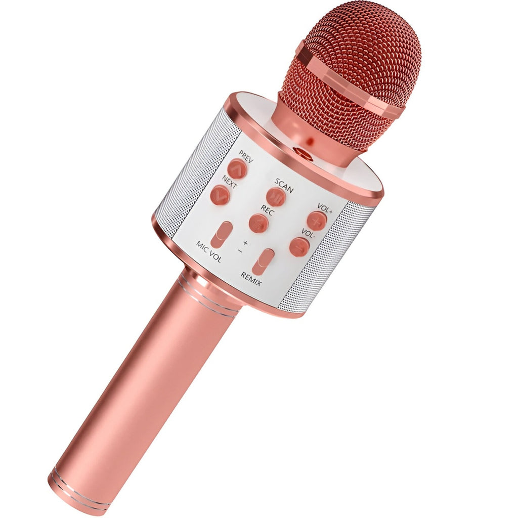 Microfon Karaoke, pentru Copii, Bluetooth, Boxa Incorporata, Compatibil cu Orice Smartphone, Acumulator Integrat, Multifunctional, Rose Gold