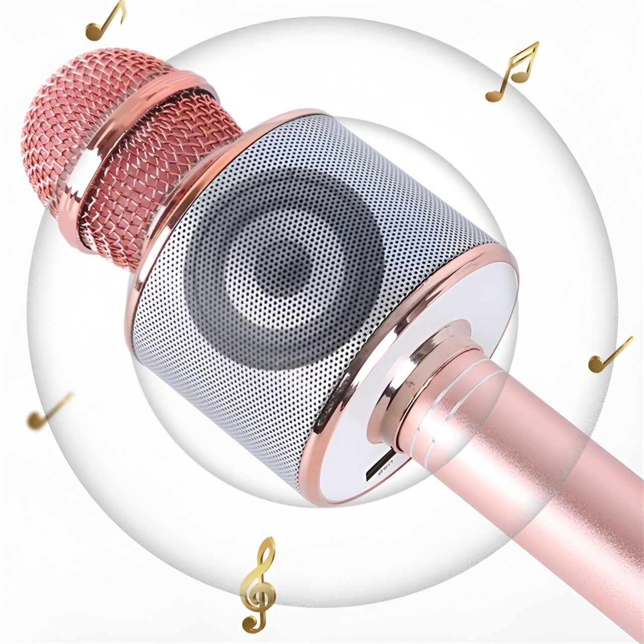 Microfon Karaoke, pentru Copii, Bluetooth, Boxa Incorporata, Compatibil cu Orice Smartphone, Acumulator Integrat, Multifunctional, Rose Gold