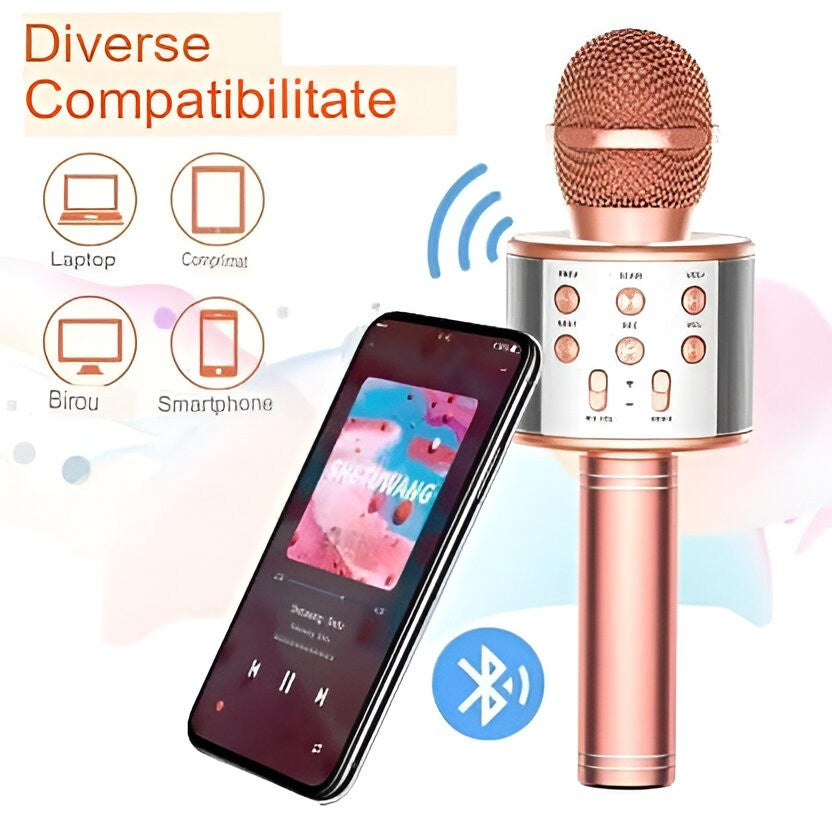 Microfon Karaoke, pentru Copii, Bluetooth, Boxa Incorporata, Compatibil cu Orice Smartphone, Acumulator Integrat, Multifunctional, Rose Gold