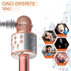 Microfon Karaoke, pentru Copii, Bluetooth, Boxa Incorporata, Compatibil cu Orice Smartphone, Acumulator Integrat, Multifunctional, Rose Gold